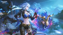  absurdres black_gloves black_jacket black_pantyhose black_shorts black_thighhighs blue_bra bra breasts chimera_(wuthering_waves) cleavage closed_mouth commentary cropped_jacket earrings english_commentary feathered_wings female fingernails food galbrena_(wuthering_waves) gloves grey_hair hand_on_own_hip highres holding holding_food holding_popsicle jacket jewelry logo long_fingernails medium_breasts medium_hair navel night official_art outdoors pantyhose popsicle purple_eyes second-party_source short_shorts shorts single_glove single_leg_pantyhose single_thighhigh single_wing solo stomach tacet_discord_(wuthering_waves) thighhighs thighs ttk_(kirinottk) underwear wings wuthering_waves 