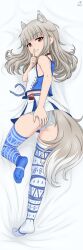  :d absurdres acrux alternate_costume animal_ear_fluff animal_ears artist_logo bare_arms belt_pouch black_choker blue_skirt blue_thighhighs blue_vest blunt_bangs breasts choker commentary commission dakimakura_(medium) dated english_commentary female finger_to_mouth full_body grabbing_own_ass grey_hair grin hand_up highres leg_up logo long_hair looking_at_viewer looking_to_the_side lying microskirt midriff_peek mismatched_thighhighs multicolored_thighhighs myuri_(spice_and_wolf) on_side open_mouth panties pattern_request pleated_skirt pouch red_eyes skindentation skirt small_breasts smile solo spice_and_wolf tail thighhighs two-tone_skirt two-tone_thighhighs two-tone_vest underwear vest white_panties white_skirt white_thighhighs white_vest wolf_ears wolf_girl wolf_tail 