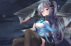  azur_lane black_gloves black_skirt black_thighhighs blue_cape blue_eyes blush breasts cape cleavage commentary cowboy_shot crossed_bangs female gloves glowing grey_hair hair_between_eyes hair_ornament hand_up highres intrepid_(azur_lane) large_breasts long_hair looking_at_viewer machinery maeru midriff navel night night_sky ocean outdoors parted_lips rigging sidelocks sitting skirt sky solo strap thighhighs twintails very_long_hair zettai_ryouiki 