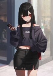  bag black_choker black_hair black_skirt blurry blurry_background cellphone choker collarbone cowboy_shot crop_top day denim denim_skirt enokawa_kokoro_(hara_kenshi) female hair_between_eyes hara_kenshi highres holding holding_phone long_bangs long_hair long_sleeves looking_at_viewer midriff miniskirt mole mole_under_mouth nail_polish navel_piercing off-shoulder_sweater off_shoulder original outdoors parted_bangs parted_lips pencil_skirt phone piercing red_eyes red_nails shirt shoulder_bag sidelocks skirt sleeves_past_wrists smartphone solo sweater swept_bangs very_long_hair very_long_sleeves 