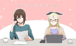  2girls assam_(girls_und_panzer) bespectacled black_ribbon blonde_hair blue_eyes blue_shirt brown_eyes brown_hair casual cellphone closed_mouth coffee coffee_mug commentary computer cup girls_und_panzer glasses green_shirt grey_shawl hair_pulled_back hair_ribbon holding holding_paper holding_pencil laptop light_smile long_hair long_sleeves looking_at_another mug multiple_girls nishizumi_maho paper pencil phone red-framed_eyewear ribbon saucer semi-rimless_eyewear shawl shirt short_hair sitting smartphone smile tea teacup translated under-rim_eyewear yuri yuuhi_(arcadia) 