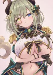  arms_under_breasts ascot bad_id bad_pixiv_id black_ascot black_bow black_gloves blue_eyes blush bow breasts brooch brown_horns closed_mouth commentary_request curled_horns demon_girl demon_horns demon_tail female gloves green_hair hair_between_eyes hairbow heterochromia highres honey_strap horns huge_breasts jewelry looking_at_viewer medium_hair nanashi_inc. navel official_alternate_costume partially_fingerless_gloves sekishiro_mico shishishi simple_background smile solo split_mouth tail underboob upper_body virtual_youtuber yellow_eyes 