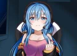  absurdres blue_eyes blue_hair breasts camisole chair cleavage collarbone commentary_request elie_wayne expressionless female gaming_chair headset highres jacket jan_azure large_breasts middle_finger off_shoulder original pink_shirt shirt sidelocks solo swivel_chair upper_body window 