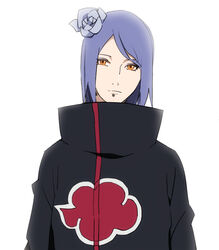  akatsuki_uniform blue_eyeshadow blue_hair closed_mouth coat eyeshadow female flower hair_flower hair_ornament high_collar konan_(naruto) labret_piercing light_smile looking_at_viewer makeup naruto_(series) naruto_shippuuden orange_eyes short_hair simple_background solo source_request soyaka upper_body white_background 