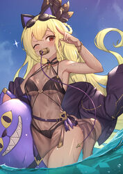  animal_ears arm_up armpits bikini black_bikini black_dress black_jacket blonde_hair blue_sky blush bracelet braid breasts cat_ears cloud collarbone commentary_request dark-skinned_female dark_skin day dress female goggles goggles_on_head granblue_fantasy hair_ribbon helel_ben_shalem helel_ben_shalem_(summer)_(granblue_fantasy) highres inflatable_toy jacket jewelry long_hair looking_at_viewer medium_breasts navel one_eye_closed pacifier red_eyes ribbon salute see-through sky solo standing swimsuit swimsuit_cover-up tattoo thighs uneg very_long_hair wading water wet wet_clothes 