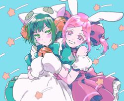  2girls animal_ears animal_hands animal_hat apron aqua_background aqua_dress baburo bad_id bad_pixiv_id bare_shoulders bell blush bob_cut bow bowtie cat_hat choker cosplay cowboy_shot dejiko dejiko_(cosplay) detached_sleeves di_gi_charat dress embarrassed fake_animal_ears gloves green_eyes hair_bell hair_ornament hairbow hat highres jingle_bell maid_apron mikami_kaho multiple_girls nire_hikari paw_gloves pink_dress pink_eyes pink_hair puffy_short_sleeves puffy_sleeves rabbit_ears short_hair short_sleeves smile star_(symbol) twintails usada_hikaru usada_hikaru_(cosplay) white_gloves world_trigger 