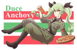  anchovy_(girls_und_panzer) anzio_military_uniform artist_name belt black_belt black_footwear black_necktie black_ribbon black_shirt boots character_name cheese_trail closed_mouth commentary dress_shirt drill_hair eating female floating food girls_und_panzer green_hair grey_pants hair_ribbon highres holding holding_tray jacket knee_boots long_hair long_sleeves looking_at_viewer military military_uniform necktie pants pants_tucked_in pizza pizza_slice red_eyes ribbon sam_browne_belt shao_(newton) shirt signature smile solo tray twin_drills twintails uniform wing_collar 