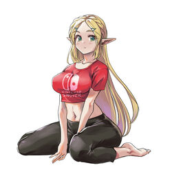  alternate_costume barefoot blonde_hair blush braid breasts brown_pants closed_mouth collarbone crop_top female full_body green_eyes grey_background hair_ornament hairclip kneeling large_breasts long_hair midriff monbetsu_kuniharu navel nintendo pants pantyhose parted_bangs pointy_ears princess_zelda red_shirt shirt short_sleeves simple_background sitting solo stomach t-shirt the_legend_of_zelda the_legend_of_zelda:_breath_of_the_wild very_long_hair wariza 