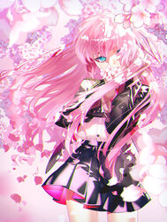  black_jacket black_skirt blue_eyes cherry_blossoms commentary cowboy_shot dress_shirt falling_petals female flower hair_over_one_eye hand_in_own_hair head_tilt holding holding_flower jacket long_hair looking_at_viewer megurine_luka petals photoshop_(medium) pink_hair pleated_skirt sawashi_(ur-sawasi) shirt skirt solo standing symbol-only_commentary tsurime vocaloid white_shirt 