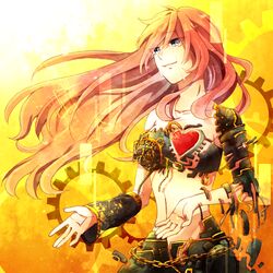  android arm_warmers chains commentary crying crying_with_eyes_open female gears heart kitiyosi long_hair looking_up mechanical_parts megurine_luka pink_hair single_arm_warmer smile solo tears upper_body very_long_hair vocaloid wander_last_(vocaloid) 