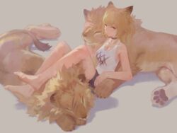  absurdres animal_ears arknights bare_arms bare_legs barefoot black_choker black_shorts blonde_hair breasts candy chinese_commentary choker cleavage commentary demozeroc female food food_in_mouth full_body grey_background highres lion lion_ears lollipop ponytail shadow shorts siege_(arknights) simple_background sitting solo tank_top white_tank_top yellow_eyes 