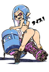  :d absurdres ass asymmetrical_hair bare_arms bare_shoulders bent_over bikini black_footwear blue_hair boots braid breasts fangs female full_body gatling_gun heavy_splatling_(splatoon) highres inkling inkling_girl inkling_player_character kneepits light_blue_hair long_hair looking_at_viewer minigun muramasa_mikado open_mouth pink_eyes pink_pupils pointy_ears shadow side-tie_bikini_bottom simple_background small_breasts smile solo splatoon_(series) splatoon_3 swimsuit teeth tentacle_hair white_background white_bikini 