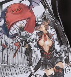  black_gloves black_skirt black_thighhighs bodysuit breasts center_opening cleavage clothing_cutout female fingerless_gloves gloves guilty_gear guilty_gear_2 hair_over_one_eye hat highres jester_cap long_sleeves looking_at_viewer lucifero_(guilty_gear) medium_breasts medium_hair necktie nyami red_eyes red_hair red_necktie skirt skull thighhighs valentine_(guilty_gear) white_bodysuit 