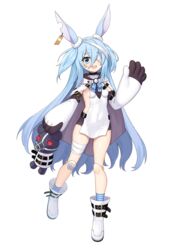  animal_ears arm_up bandage_over_one_eye bandaged_leg bandages bike_shorts black_shorts blue_eyes blue_hair boots breasts cat-quest-sun cloak covered_navel doll_joints ear_tag elbow_gloves female full_body gloves highres joints kneehighs leg_up legs little_witch_nobeta long_hair monica_(little_witch_nobeta) open_mouth rabbit_ears short_shorts shorts sideboob simple_background small_breasts smile socks solo standing standing_on_one_leg striped_clothes striped_socks stuffed_animal stuffed_toy tabard teddy_bear thighs two_side_up very_long_hair waving white_background white_cloak white_footwear white_gloves white_tabard 