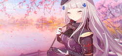  alithea_jane bag black_gloves blush breasts character_name cherry_blossoms closed_eyes copyright_name cross dated_commentary day female fence girls&#039;_frontline gloves grin handbag handle hat highres hk416_(girls&#039;_frontline) iron_cross jacket lake long_hair medium_breasts outdoors silver_hair smile solo teardrop_tattoo tree upper_body water white_gloves 