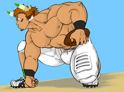  1boy abs american_football american_football_(object) american_football_uniform animal_ears ball bara brown_hair bulge cow_boy cow_ears eye_black facial_hair fiery_horns forked_eyebrows full_body glowing_horns goatee halco_(halco777) highres horns large_pectorals looking_to_the_side male_focus muscular muscular_male nipples pants pectorals pout short_hair solo sportswear thick_eyebrows thick_thighs thighs tight_clothes tight_pants tokyo_afterschool_summoners topless_male wakan_tanka white_pants 