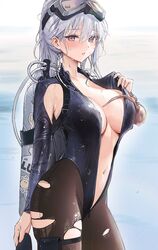  ame_(uten_cancel) animal animal_on_chest armpit_cutout azur_lane black_wetsuit bodysuit breasts clothing_cutout collarbone commentary cowboy_shot day diving_suit enterprise_(azur_lane) enterprise_(diving_under_blue_skies)_(azur_lane) female from_side goggles goggles_on_head grey_hair hair_between_eyes highres holding large_breasts long_hair looking_at_viewer octopus official_alternate_costume open_wetsuit outdoors panties panty_peek parted_lips pouch purple_eyes scuba_tank thigh_pouch underwear water wet wetsuit zipper_pull_tab 