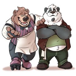  1:1 2019 alto_(breeze_in_the_clouds) anthro apron bear belly black_body black_fur bottomwear breeze_in_the_clouds brown_body brown_fur clothing cumuli_(breeze_in_the_clouds) dead_stray_bear duo fur giant_panda humanoid_hands male mammal overweight overweight_male pants shirt simple_background topwear white_background white_body white_fur 