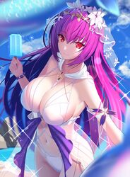  absurdres bare_shoulders bikini breasts cleavage collarbone fate/grand_order fate_(series) female flower hair_between_eyes hair_flower hair_ornament highres koyama_hirokazu_(style) large_breasts long_hair looking_at_viewer mishiro_(ixtlolton) navel parody purple_hair red_eyes scathach_(fate) scathach_skadi_(fate) scathach_skadi_(swimsuit_ruler)_(fate) scathach_skadi_(swimsuit_ruler)_(third_ascension)_(fate) see-through solo style_parody swimsuit thighs white_bikini 