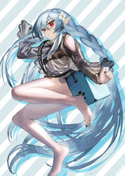  absurdly_long_hair arknights bag bare_shoulders barefoot bikini bikini_top_only black_bikini black_nails black_shirt blue_background braid clothing_cutout crown_braid diagonal_stripes female flower grey_hair hair_between_eyes hair_flower hair_ornament hand_up highres long_hair looking_at_viewer multicolored_hair official_alternate_costume pale_skin parted_lips pointy_ears red_eyes see-through see-through_shirt shirt shoulder_bag shoulder_cutout simple_background solo sparkle_hair_ornament striped striped_background swimsuit toenails two-tone_hair very_long_hair wanko_(realsight) warfarin_(arknights) warfarin_(casual_vacation)_(arknights) white_background white_flower 