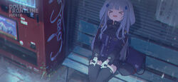  &gt;_&lt; adjusting_clothes adjusting_legwear alithea_jane bag bench black_legwear breasts character_name copyright_name cross dated_commentary feet_out_of_frame female girls&#039;_frontline gloves handbag hat hat_removed headwear_removed highres hk416_(girls&#039;_frontline) iron_cross jacket long_hair long_sleeves looking_up medium_breasts open_mouth rain silver_hair sitting solo teardrop_tattoo tears towel towel_on_head vending_machine wet 