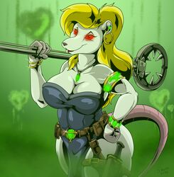  accessory alternate_species animaniacs anthro armband belt big_breasts black_nose blonde_hair bracelet breasts buckteeth clothing dress ear_piercing ear_ring female fur gold_(metal) gold_jewelry green_background hair heart_symbol holding_object holding_weapon hoop_ear_ring jewelry knife long_hair looking_at_viewer mammal man_catcher melee_weapon minerva_mink monster murid murine necklace piercing pouches quicktron rat rat_tail red_eyes red_sclera ring_piercing rodent simple_background skaven solo tail teeth warhammer_(franchise) warhammer_fantasy warner_brothers warpstone weapon white_body white_fur 