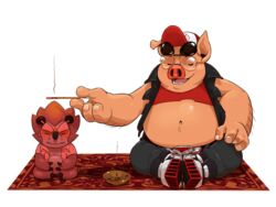  2019 4:3 alpha_channel anthro belly black_nose bottomwear breeze_in_the_clouds burney_(breeze_in_the_clouds) closed_eyes clothed clothing domestic_pig duo eclipticafusion eulipotyphlan eyewear glasses hat headgear headwear hedgehog humanoid_hands male mammal open_clothing open_shirt open_topwear overweight overweight_male pants red_body red_nose shirt sitting suid suina sus_(pig) temper_(breeze_in_the_clouds) topwear 