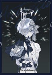  1other androgynous antarcticite belt black_gloves black_necktie border bouquet character_name closed_mouth commentary dripping finger_to_mouth flower gem_uniform_(houseki_no_kuni) gloves grey_eyes grey_flower grey_ribbon hair_ribbon halo highres holding houseki_no_kuni index_finger_raised lace lace-trimmed_ribbon lace_trim looking_at_viewer minjye necktie one_eye_covered other_focus puffy_short_sleeves puffy_sleeves ribbon short_hair short_sleeves shushing simple_background smile solo sparkle stuffed_animal stuffed_toy teddy_bear white_hair 