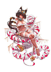  absurdres animal_ear_fluff animal_ears anklet bandages bangle barefoot bracelet breasts bright_pupils brown_hair cat_ears cat_tail commentary_request dark-skinned_female dark_skin detached_collar egyptian_clothes female fenebeth_(illusion_connect) full_body grin hair_between_eyes headpiece highres illusion_connect jewelry kiyomasa_ren large_breasts long_hair looking_at_viewer low_ponytail mole mole_under_eye nail_polish naked_bandage navel photoshop_(medium) red_eyes shaded_face simple_background sitting slit_pupils smile solo tail toenail_polish toenails very_long_hair white_background 