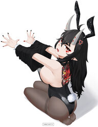  absurdres ameiarts anger_vein animal_ears ass back bare_shoulders black_hair black_nails black_pantyhose breasts eyeliner female highres horns large_breasts long_hair looking_at_viewer makeup open_mouth orange_eyes original pantyhose playboy_bunny pointy_ears rabbit_ears rabbit_tail red_nails seiza sitting solo tail thighband_pantyhose 