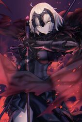  ahoge armor armored_dress black_armor breasts cape chains closed_mouth fate/grand_order fate_(series) faulds female flag fur-trimmed_cape fur_collar fur_trim gauntlets headpiece jeanne_d&#039;arc_alter_(avenger)_(fate) jeanne_d&#039;arc_alter_(fate) katase_bono large_breasts looking_at_viewer pale_skin plackart short_hair solo sword weapon white_hair yellow_eyes 