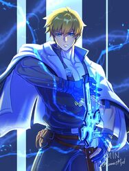  1boy bad_id bad_twitter_id blonde_hair blue_eyes blue_gloves dragon_install fingerless_gloves gloves glowing guilty_gear guilty_gear_strive hair_between_eyes highres holding holding_sword holding_weapon jacket kamata_(etoileazuki) ky_kiske lightning long_sleeves looking_at_viewer male_focus pectoral_cleavage pectorals short_hair sword thunderseal weapon white_jacket 