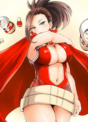  absurdres adahcm arm_across_chest belt black_eyes bodysuit boku_no_hero_academia breasts brown_hair cape center_opening cleavage cloak commentary_request female gradient_background hair_pulled_back highres large_breasts looking_at_viewer matryoshka_doll midriff navel open_mouth partial_commentary ponytail red_bodysuit shiny_clothes shiny_skin solo standing stomach superhero_costume thick_thighs thighs white_background yaoyorozu_momo yellow_background 