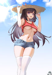  :d a-soul absurdres bella_(a-soul) black_hair breasts collarbone commentary_request crop_top dated denim denim_shorts female hands_on_headwear hat highres hundun_no_bifang jeans long_hair looking_at_viewer medium_breasts navel oerba_yun_fang pants purple_eyes shorts signature skin_fang sky smile solo straw_hat sunlight thighhighs underboob virtual_youtuber white_thighhighs 