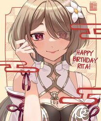  artist_name bare_shoulders breasts brown_hair character_name china_dress chinese_clothes cleavage closed_mouth dress eiimei female flower hair_flower hair_ornament hair_over_one_eye happy_birthday highres honkai_(series) honkai_impact_3rd lipstick long_hair looking_at_viewer makeup mole mole_under_eye purple_eyes rita_rossweisse rita_rossweisse_(artemis) smile solo white_flower 