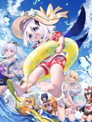  5girls :d absurdres arm_scrunchie ball bare_shoulders barefoot beachball bikini blonde_hair blue_eyes blue_hair blue_sky bracelet breasts brown_eyes casual_one-piece_swimsuit cloud commentary_request day english_commentary eyewear_on_head eyewear_on_headwear feet floating flower genshin_impact gloves hair_between_eyes hair_flower hair_ornament hair_ribbon halo hat hat_ribbon highres hizuki_miya holding holding_ball holding_beachball holding_swim_ring innertube jewelry kamisato_ayaka large_breasts long_hair looking_at_viewer lumine_(genshin_impact) medium_breasts mixed-language_commentary multiple_girls navel one-piece_swimsuit open_mouth orange_innertube outdoors paimon_(genshin_impact) ponytail rabbit-shaped_eyewear red_gloves red_ribbon red_scrunchie ribbon sandals scrunchie short_hair single_glove single_sandal sky smile soles star-shaped_eyewear star_(symbol) striped_clothes striped_one-piece_swimsuit swim_ring swimsuit toes very_long_hair water water_drop waves white_hair yellow_eyes yellow_innertube 