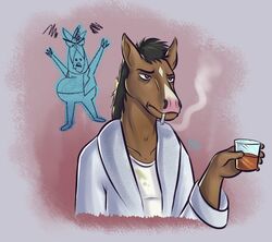  2020 alcohol anthro beverage black_mane bojack_horseman bojack_horseman_(character) cigarette clothing diamond_(marking) equid equine facial_markings fur glass head_markings horse imagining kyler_ziehmn male mammal mane markings multicolored_body multicolored_fur netflix robe shirt signature smoke smoking solo t-shirt topwear two_tone_body two_tone_fur 