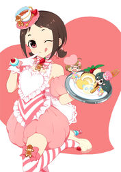  3girls cake chibi eyebrows food heart idolmaster idolmaster_cinderella_girls mini_person minigirl multiple_girls muramatsu_sakura new_wave_(idolmaster) ohishi_izumi one_eye_closed rio_(usagiya) short_twintails striped_clothes striped_thighhighs teatime_happiness_(idolmaster) thighhighs tray tsuchiya_ako twintails 