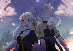  2girls ayakura_juu black_dress braid cevio closed_eyes commentary dress grin hair_ribbon jewelry kizuna_akari long_hair multiple_girls necklace open_mouth purple_hair ribbon short_hair short_sleeves side-by-side sidelocks sky smile star_ornament sun upper_body vocaloid voiceroid white_hair yuzuki_yukari yuzuki_yukari_(rei) 