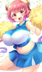  aru_(arudes) breasts cheerleader confetti dragon_girl female highres horns huge_breasts ilulu_(maidragon) kobayashi-san_chi_no_maidragon leg_up looking_at_viewer midriff oppai_loli pointy_ears pom_pom_(cheerleading) red_eyes red_hair sharp_teeth short_hair sleeveless slit_pupils solo standing teeth white_background 