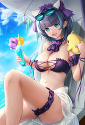  :d amano_kusatsu animal_ears arm_garter azur_lane bare_shoulders beach_umbrella bikini bird black_hair blue_eyes bow bowtie breasts cheshire_(azur_lane) cheshire_(summery_date!)_(azur_lane) chick choker cleavage day earrings eyewear_on_head fake_animal_ears feet_out_of_frame female flower frilled_bikini frills headdress highres holding jewelry knee_up looking_at_viewer lying manjuu_(azur_lane) medium_breasts multicolored_hair navel official_alternate_costume on_back outdoors purple_bikini purple_choker purple_flower reclining revision sarong short_hair sitting smile solo stomach strapless strapless_bikini streaked_hair sunglasses swimsuit thigh_strap thighs tropical_drink umbrella 