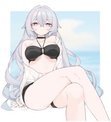  absurdres bikini black_bikini breasts bronya_zaychik bronya_zaychik_(silverwing:_n-ex) closed_mouth collarbone commentary crossed_legs error1980 feet_out_of_frame female grey_eyes grey_hair hair_between_eyes highres honkai_(series) honkai_impact_3rd invisible_chair large_breasts long_hair looking_at_viewer see-through see-through_shirt shirt sitting smile solo swimsuit 