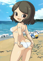  1boy :d absurdres adjusting_clothes adjusting_swimsuit animal_crossing arms_behind_back ass bare_shoulders beach bikini black_eyes blue_sky breasts brown_hair butt_crack cloud day eyelashes female furry furry_male gulliver_(animal_crossing) highres medium_breasts muramasa_mikado murana_(muramasa_mikado) o-ring o-ring_bikini o-ring_bottom o-ring_top ocean open_mouth sand short_hair sky smile standing swept_bangs swimsuit thighs villager_(animal_crossing) white_bikini 