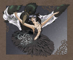  ambiguous_gender anthro avian balisongabraxas beak bird black_body black_feathers black_hair breasts canon_couple clothing corvid corvus_(genus) dancing dress duo feather_hands feathers female glistening glistening_body hair human iridescent iridescent_feathers mammal mytho_(princess_tutu) oscine passerine princess_kraehe princess_tutu raven yellow_eyes 