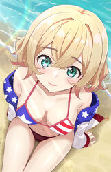  american_flag american_flag_bikini american_flag_print beach bikini blonde_hair breasts cleavage cowboy_shot female flag_print from_above green_eyes highres jacket kanojo_okarishimasu looking_at_viewer looking_up medium_breasts mismatched_bikini nanami_mami print_bikini short_hair solo swimsuit tonton_utaro waving white_jacket 