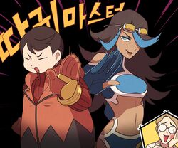  2boys blue_eyes blue_hair bodysuit brown_hair closed_eyes commentary eyeshadow female goggles goggles_on_head hand_up korean_text lipstick long_hair makeup midriff multiple_boys navel open_mouth parted_lips pokemon pokemon_oras pokemon_xy red_bodysuit red_lips ribbed_bodysuit scientist_(pokemon) shelly_(pokemon) short_hair smile ssalbulre tabitha_(pokemon) tongue 