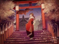  ahoge architecture bird brown_hair east_asian_architecture falcon falcon_(girls&#039;_frontline) falcon_(with_you)_(girls&#039;_frontline) female girls&#039;_frontline harufude highres japanese_clothes kimono long_sleeves obi official_alternate_costume outdoors red_kimono sash shrine shrine_bell stairs torii wide_sleeves 