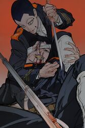  2boys arisaka bandage_over_one_eye bayonet belt black_eyes blood blood_from_mouth blood_on_hands blue_jacket bolt_action bullet_in_mouth buzz_cut clothes_grab facial_hair feet_out_of_frame fighting gkyoyo00 goatee golden_kamuy grabbing grabbing_from_behind gradient_background grey_eyes gun hair_slicked_back hair_strand half-closed_eye hand_on_another&#039;s_leg hand_up highres holding holding_knife imperial_japanese_army jacket knife long_sleeves looking_at_another lying male_focus military military_jacket military_uniform mole mole_on_cheek mouth_hold multiple_boys nosebleed ogata_hyakunosuke on_back protected_link red_background rifle scar scar_on_cheek scar_on_face shirt short_hair smile stick_figure teeth_hold thick_eyebrows uniform usami_tokishige very_short_hair weapon white_shirt wide-eyed 