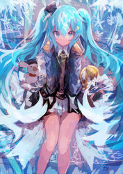  1other :&lt; absurdres animal aqua_eyes aqua_hair band_uniform blue_headwear blue_jacket closed_mouth commentary epaulettes female french_horn gloves hair_between_eyes hair_ornament hairclip hat hatsune_miku highres instrument jacket kaamin_(mariarose753) long_hair long_sleeves looking_at_viewer mini_shako_cap miniskirt no_legwear open_mouth rabbit rabbit_yukine sitting skirt snow solo_focus twintails very_long_hair vocaloid white_gloves white_skirt yuki_miku yuki_miku_(2020) 