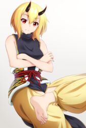  bare_arms bare_shoulders black_leotard blonde_hair blush breasts closed_mouth commentary_request crossed_arms female gradient_background grey_background hair_between_eyes horns leotard medium_breasts oni oni_horns original pants puffy_pants red_eyes shachoo. smile solo white_background yellow_pants 